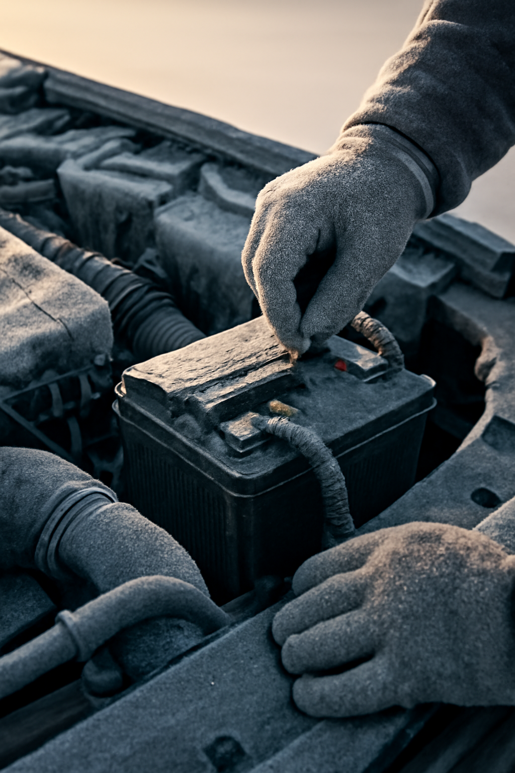 Winter Start Precision — Automotive products AI image prompt example generated with ChatGPT (automotive, battery)