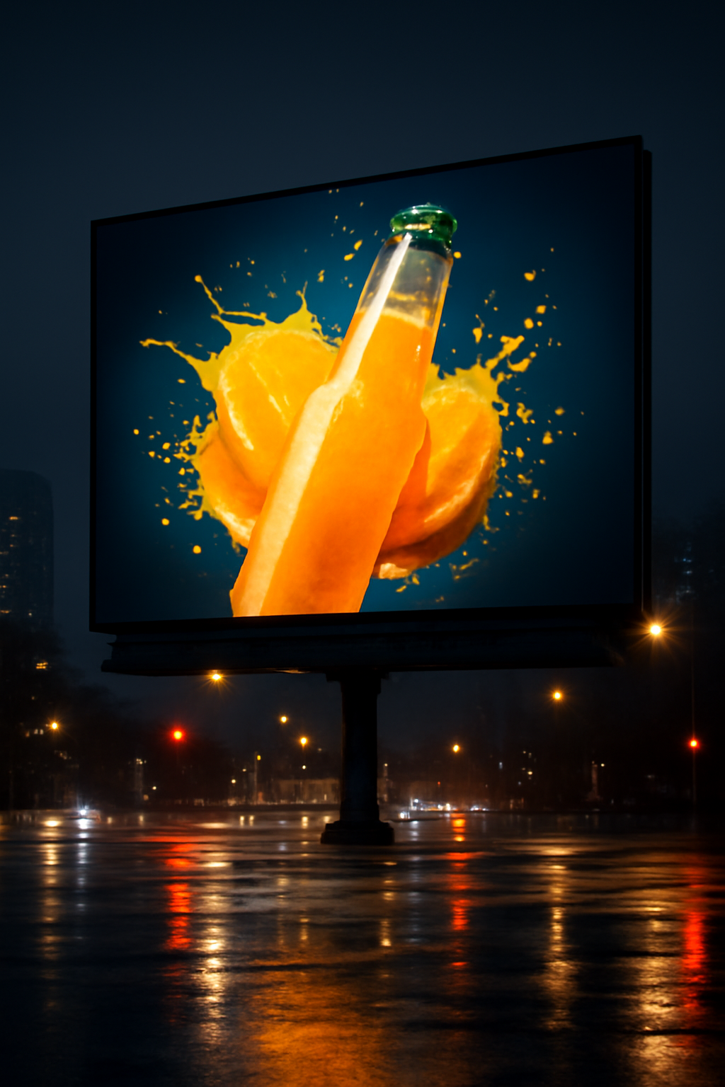 Refreshment Above Traffic — Beverages AI image prompt example generated with Gemini (beverage, billboard)