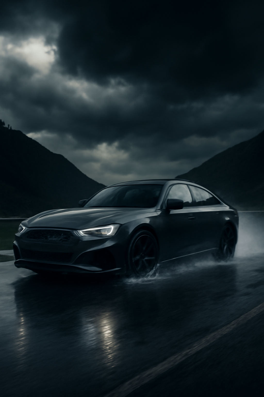Storm Road Confidence — Automotive products AI image prompt example generated with Midjourney (automotive, tire)