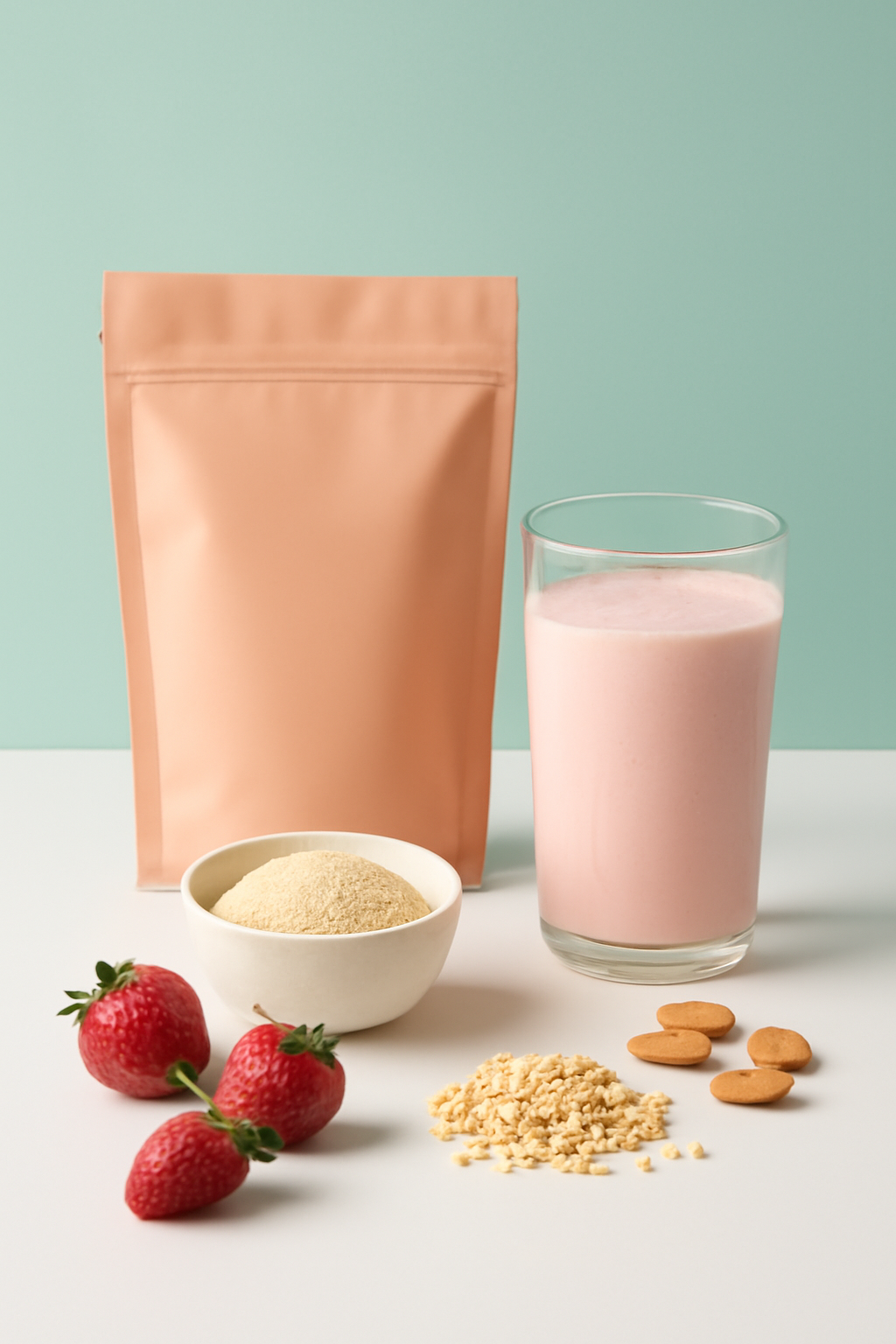 Shelf Ready Freshness — Healthy powders AI image prompt example generated with ChatGPT (ecommerce, bright)