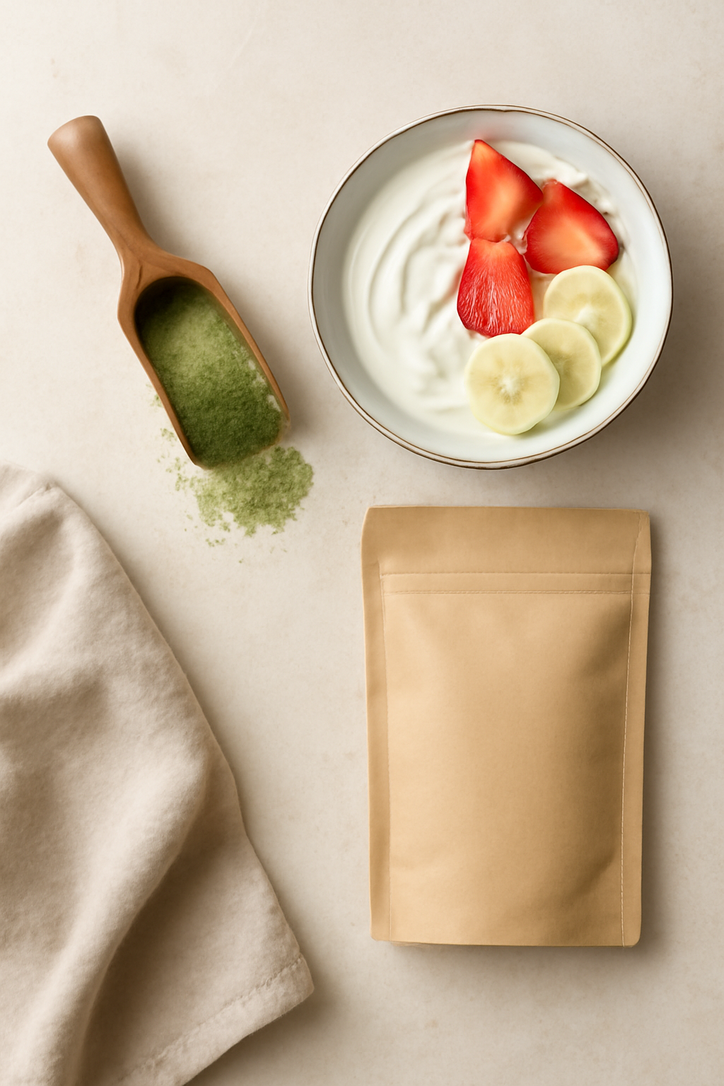 Morning Measure — Organic powders AI image prompt example generated with ChatGPT (flatlay, organic)