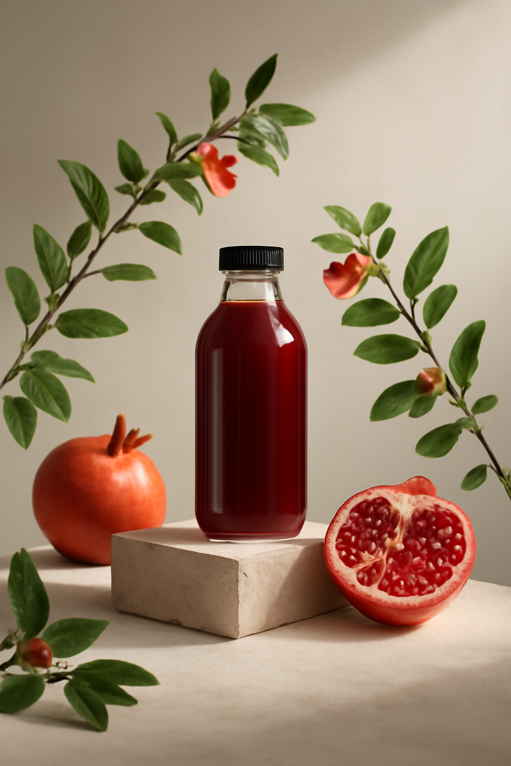 Garden Press Ritual — Juice bottles AI image prompt example generated with Gemini (juice, botanical)