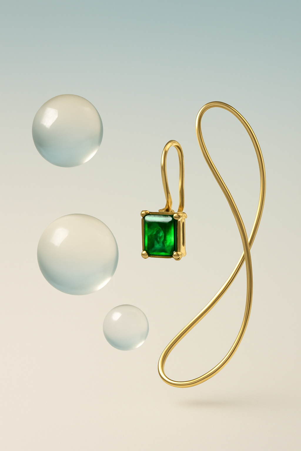 Weightless Emerald Orbit — Jewellery AI image prompt example generated with Gemini (jewellery, levitation)