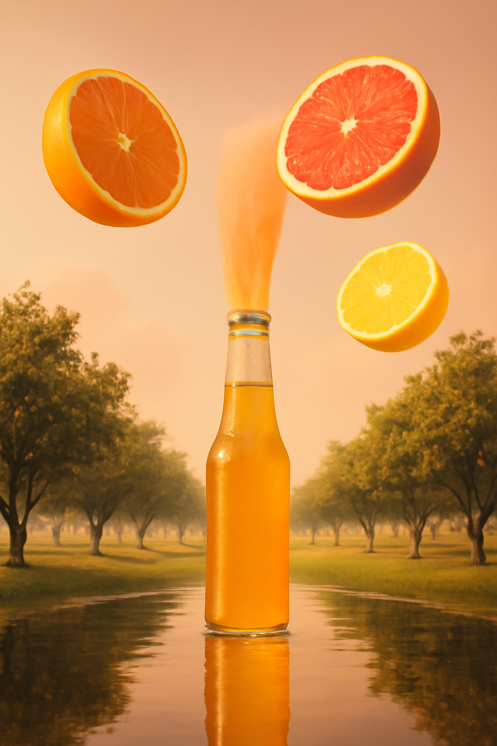 Orchard Gravity Dream — Beverages AI image prompt example generated with Midjourney (beverage, surreal)