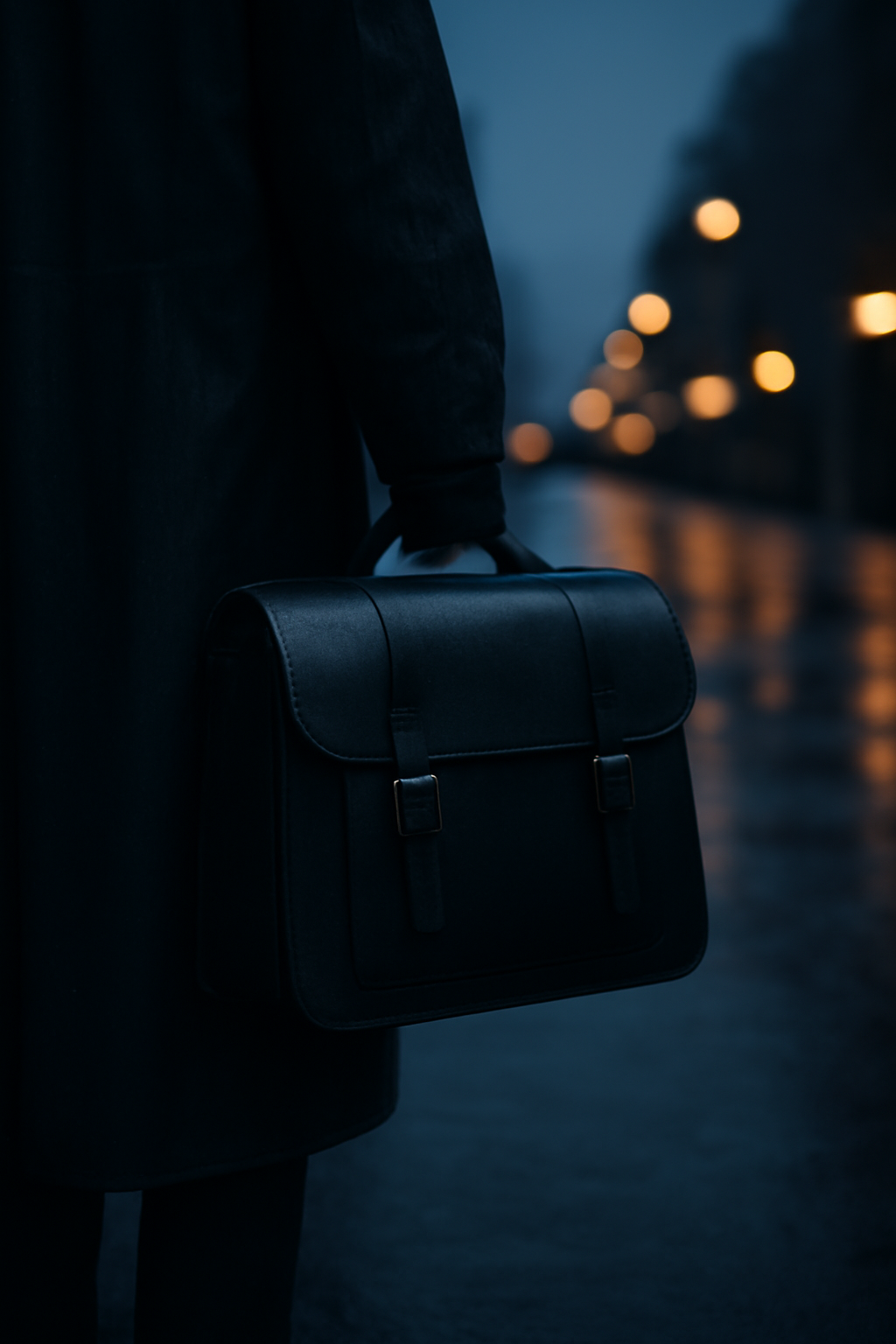 Rainlit Arrival — Fashion accessories AI image prompt example generated with Midjourney (cinematic, leather)