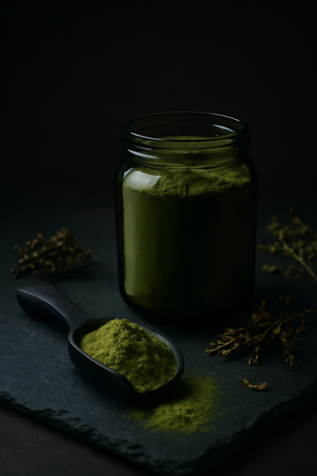 Midnight Apothecary — Organic powders AI image prompt example generated with ChatGPT (premium, dark)