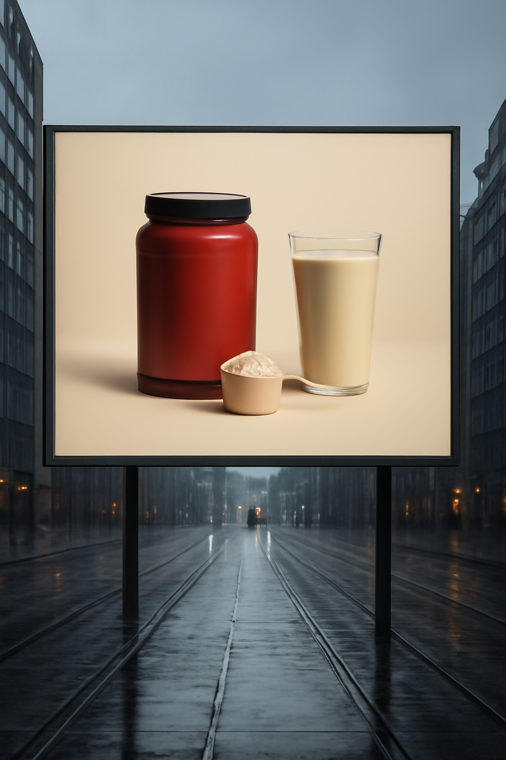 Fuel The Commute — Protein powders AI image prompt example generated with Midjourney (protein-powder, billboard)