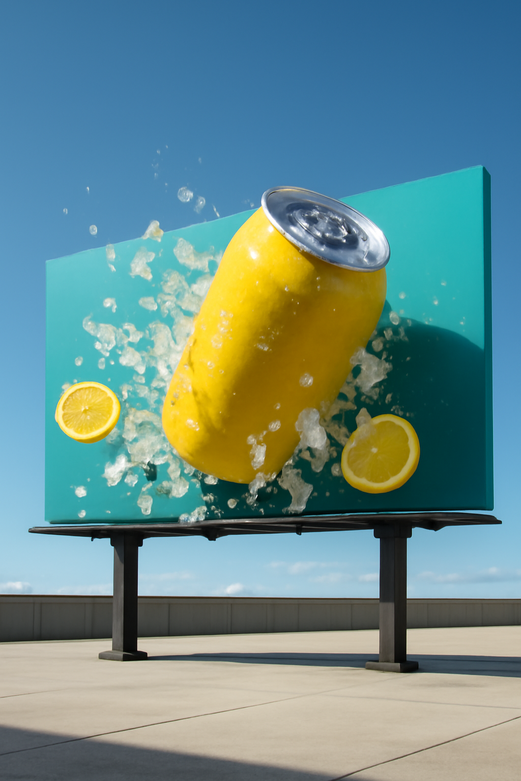 Cooler Than Noon — Soft drinks AI image prompt example generated with ChatGPT (soft-drink, billboard)