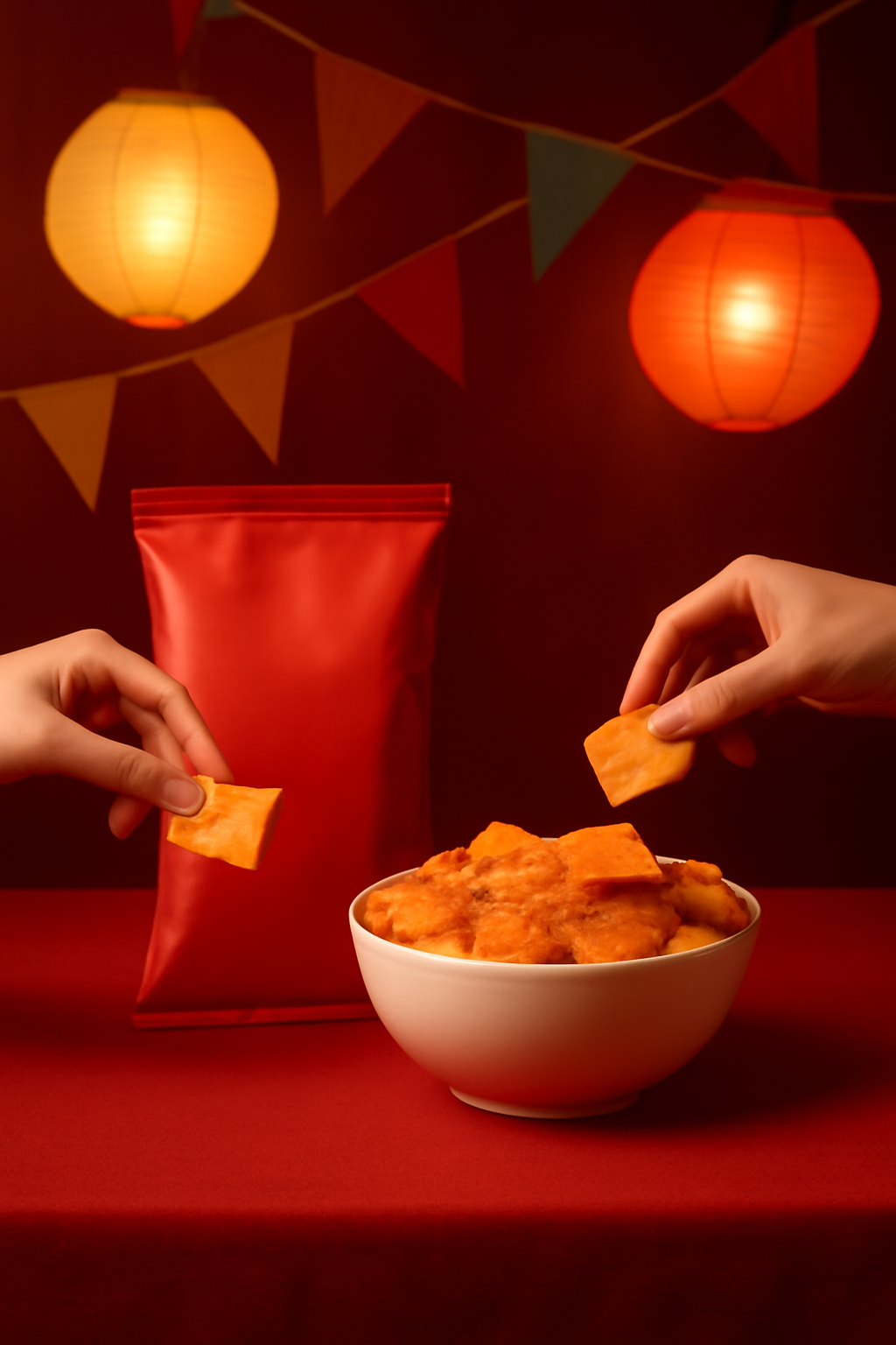 Lantern Crunch Celebration — Snacks AI image prompt example generated with Gemini (snacks, festival)