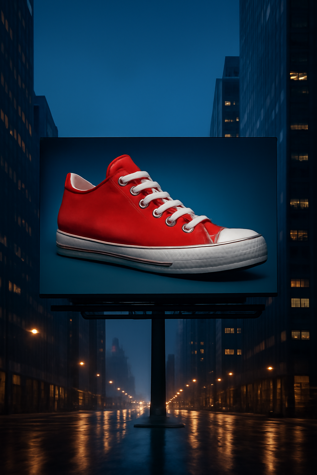 Stride Above the City — Shoes AI image prompt example generated with Gemini (shoes, billboard)
