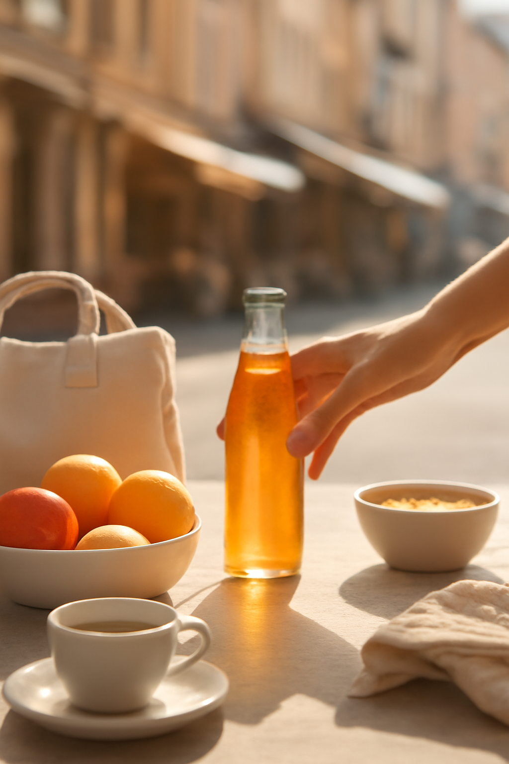 Morning Market Pause — Beverages AI image prompt example generated with ChatGPT (beverage, lifestyle)