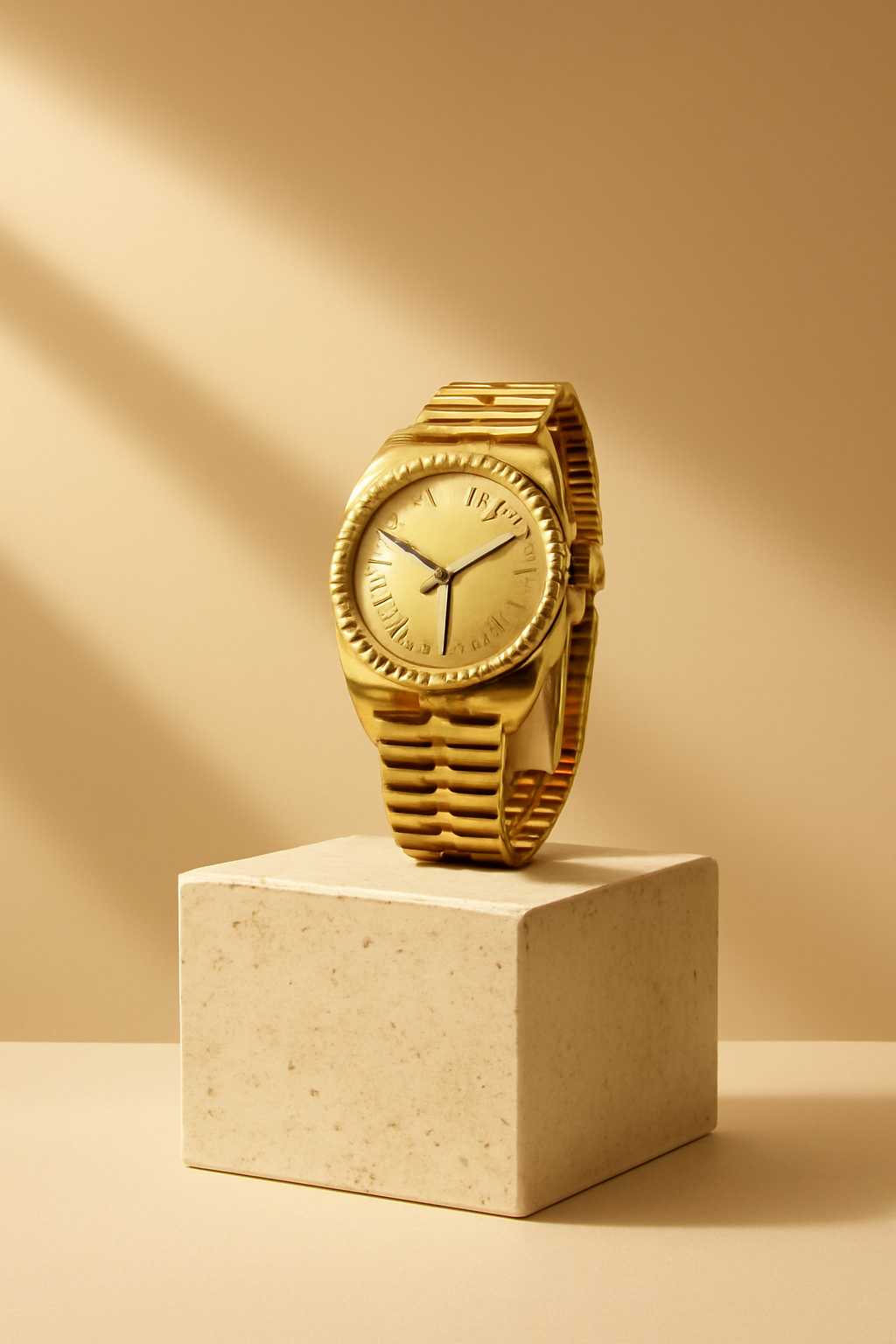 Gilded Timepiece Poise — Luxury products AI image prompt example generated with ChatGPT (timepiece, gold)
