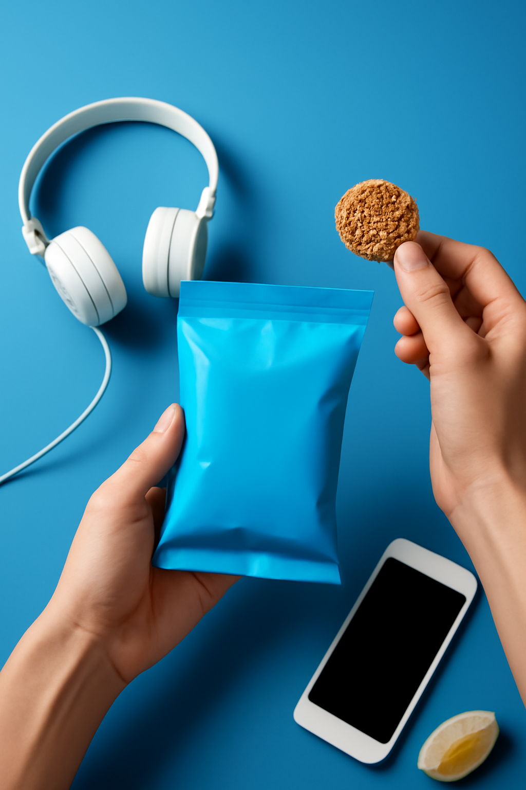 Swipe Worthy Snack Break — Packaged foods AI image prompt example generated with Gemini (social, hands)