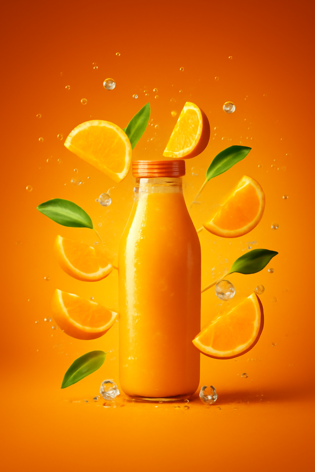 Citrus Burst Orbit — Juice bottles AI image prompt example generated with Midjourney (juice, citrus)
