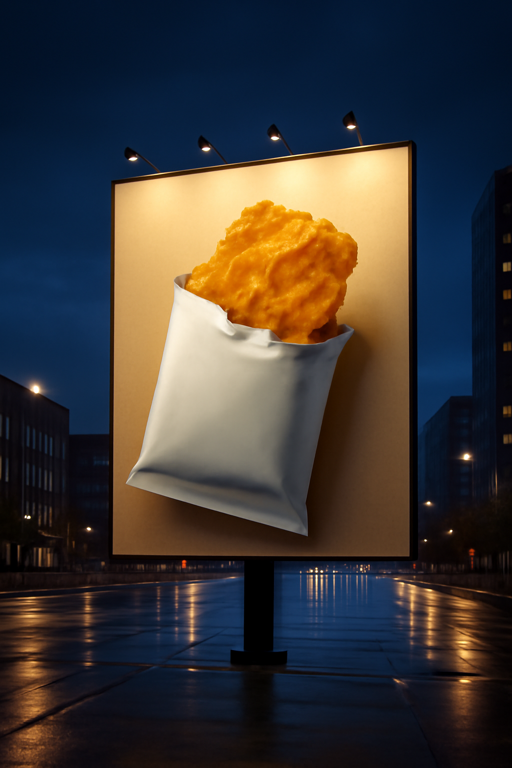 Crunch Above The City — Snacks AI image prompt example generated with Midjourney (snacks, billboard)