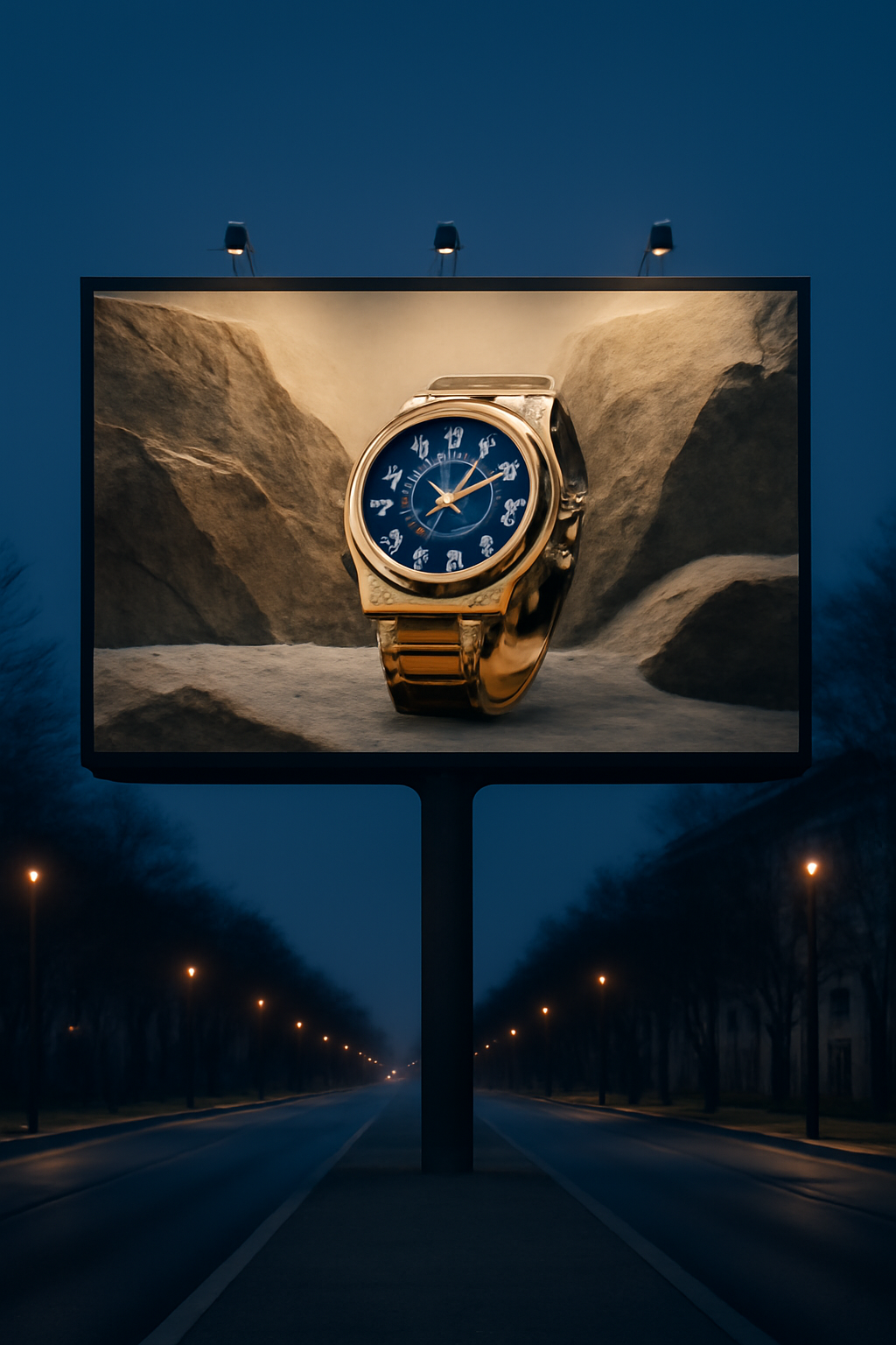 Monumental Watch Horizon — Luxury products AI image prompt example generated with Gemini (billboard, watch)