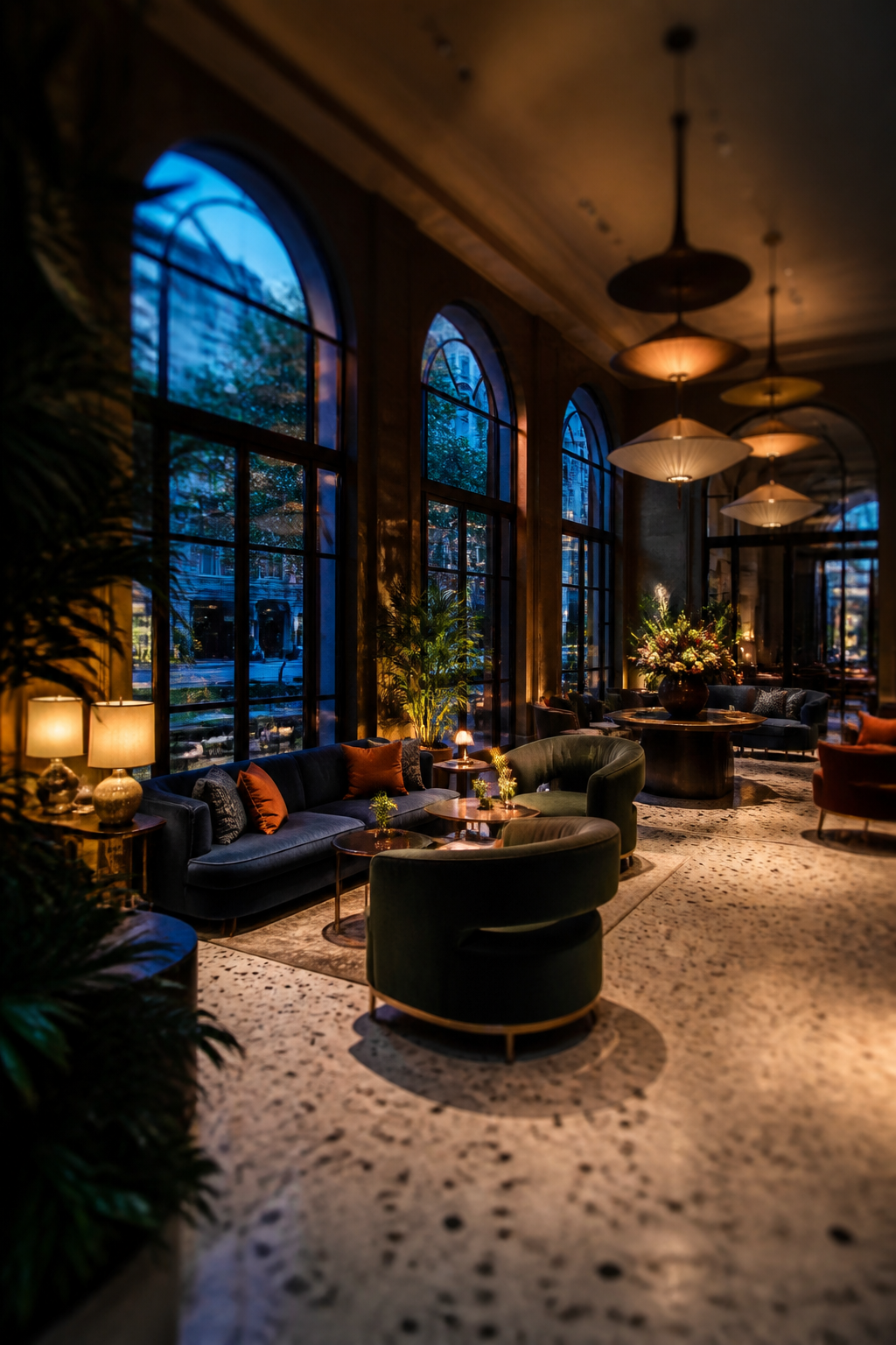 Boutique Hotel Lobby — Hospitality AI image prompt example generated with Midjourney (hotel, interior)