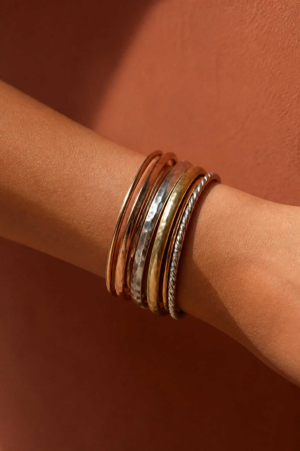 Bracelet Stack Editorial — Jewelry AI image prompt example generated with Midjourney (editorial, hands)