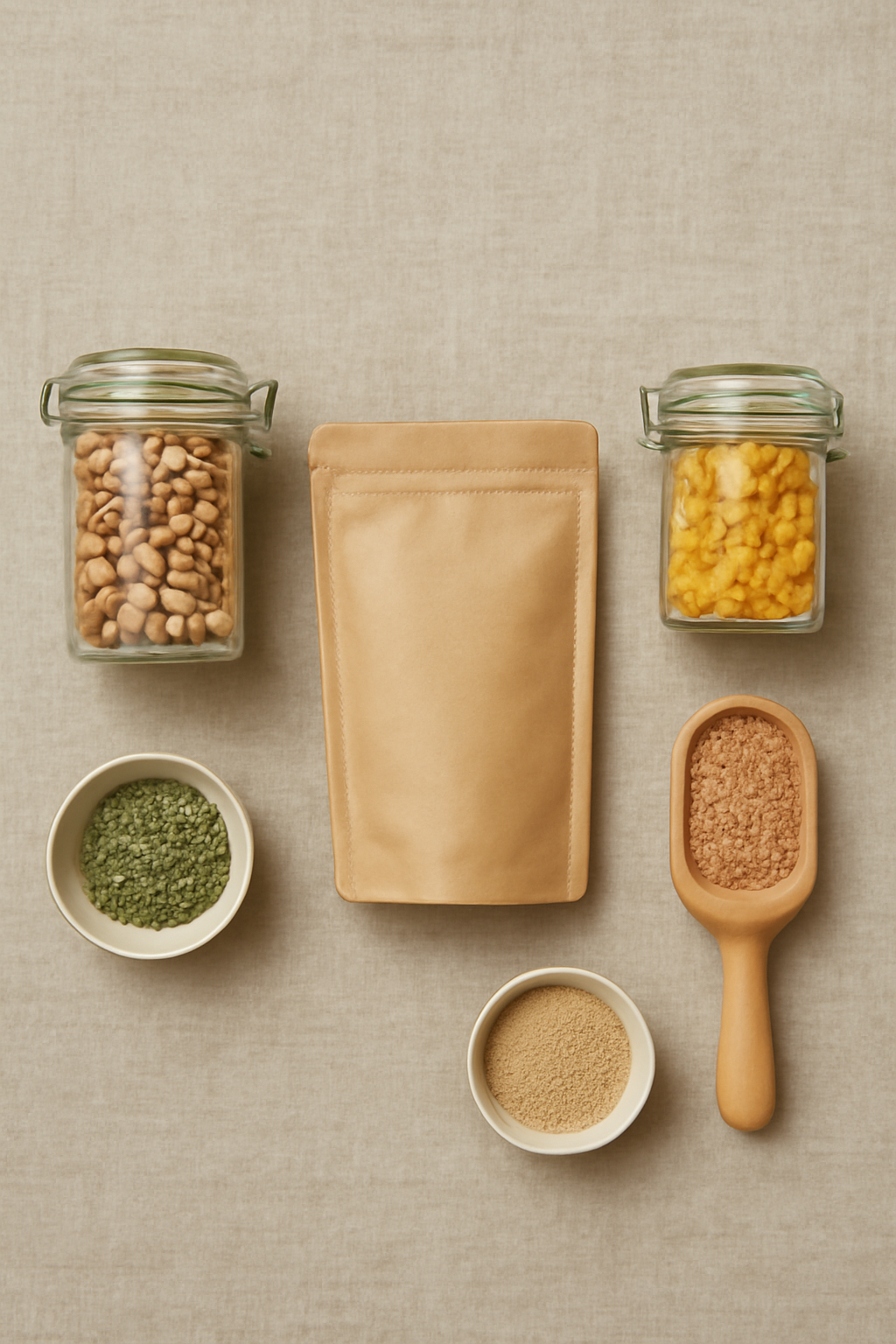 Refill Pantry Palette — Eco-friendly products AI image prompt example generated with Gemini (eco-friendly, flatlay)