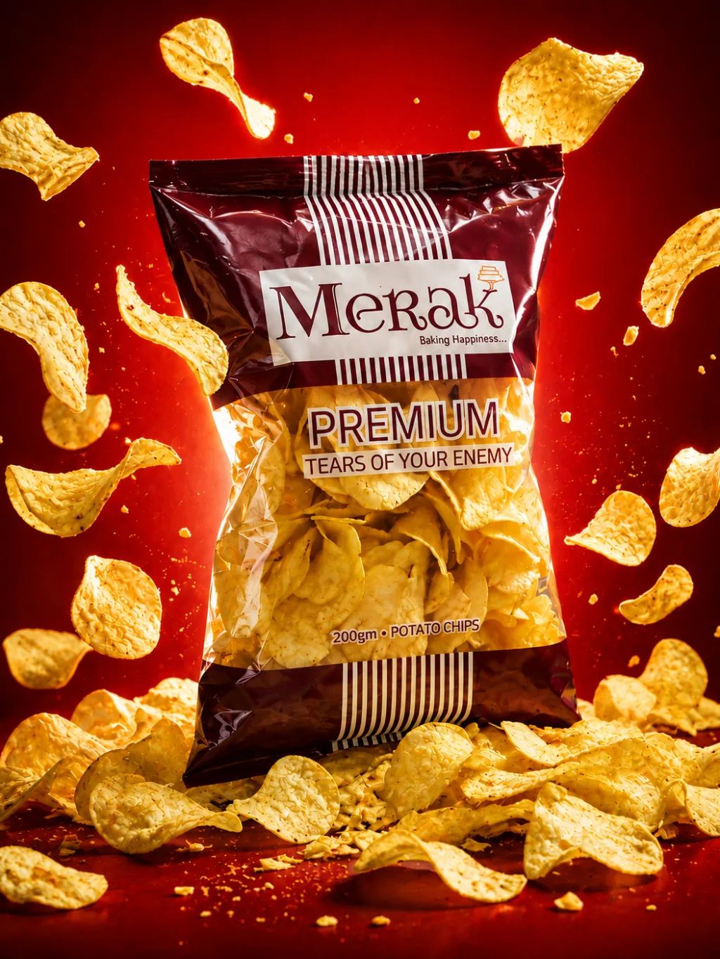 Fiery Snack Bag Levitation — Packaging AI image prompt example generated with ChatGPT (snack, packaging)
