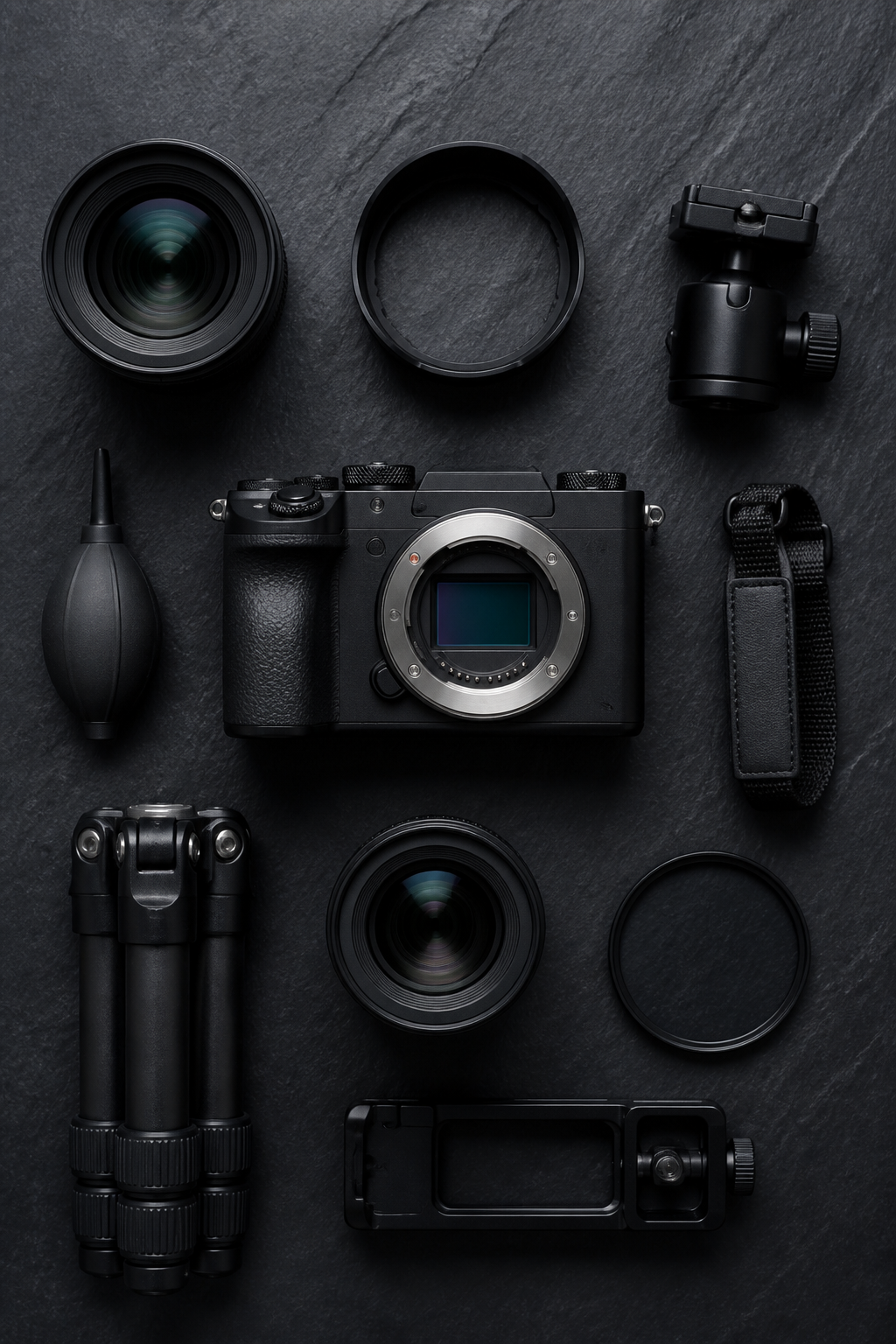 Camera Gear Flat Lay — Technology AI image prompt example generated with ChatGPT (flatlay, gear)