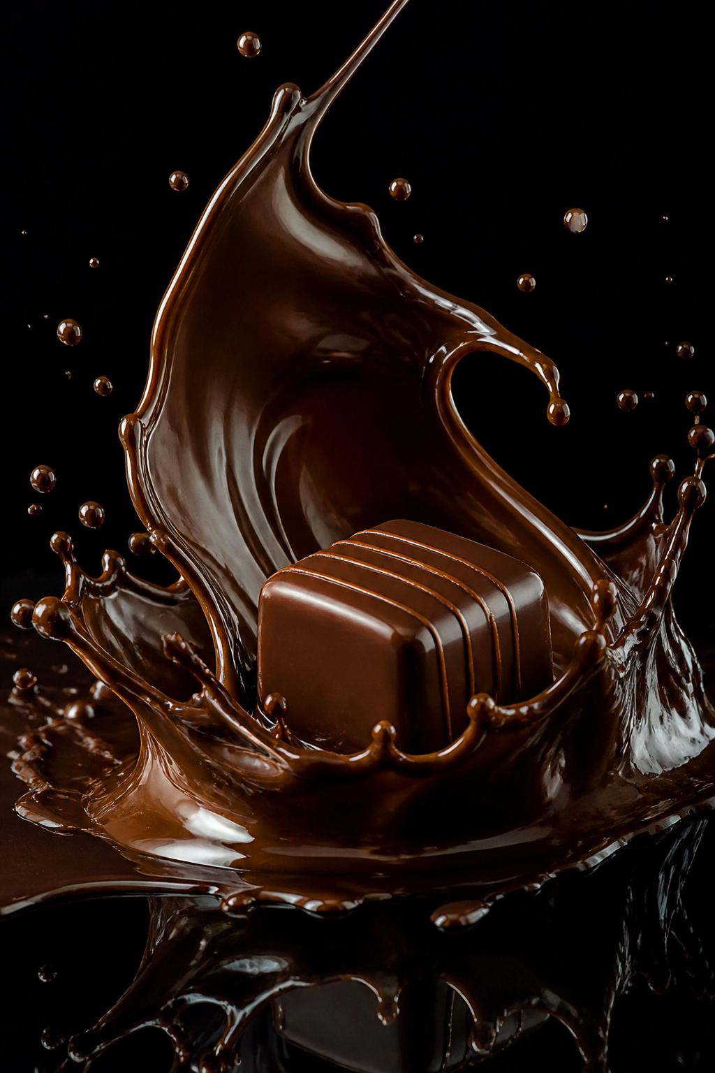 Chocolate Splash Sculpture — Food AI image prompt example generated with Midjourney (chocolate, liquid)