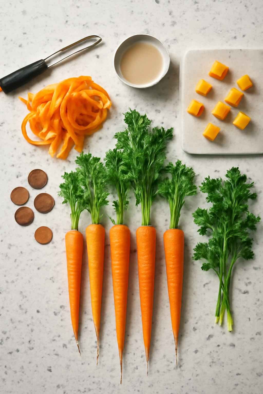 Market Table Geometry — Fruits and vegetables AI image prompt example generated with ChatGPT (flatlay, vegetables)