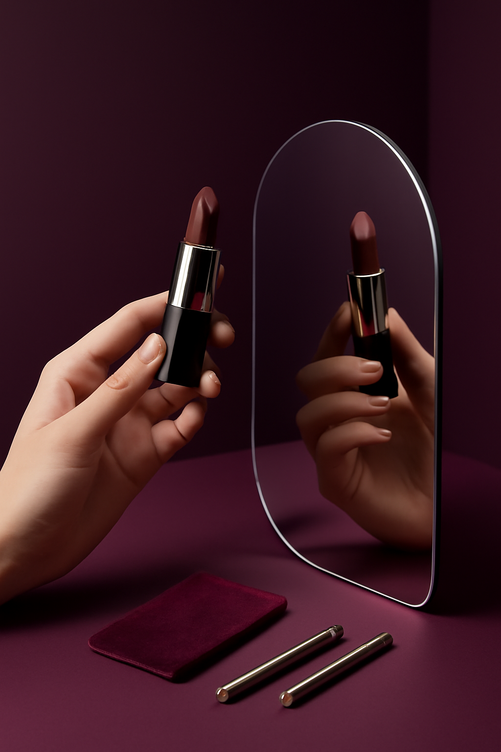 Afterglow Studio Portrait — Cosmetics AI image prompt example generated with Midjourney (cosmetics, editorial)