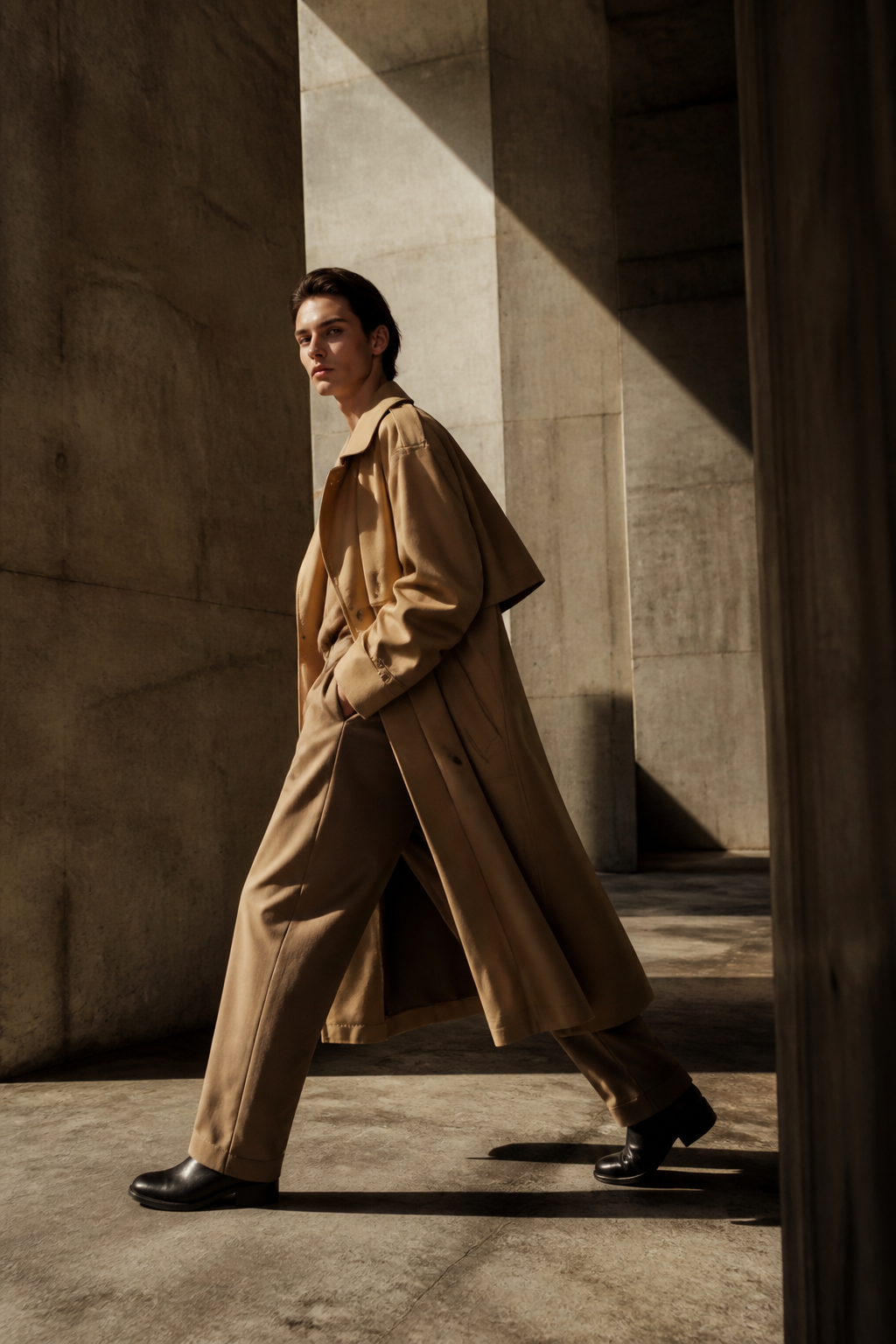 Editorial Trench Coat — Fashion AI image prompt example generated with Midjourney (editorial, model)