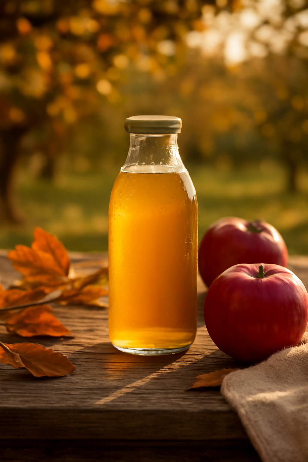 Harvest Glow Picnic — Juice bottles AI image prompt example generated with Midjourney (juice, autumn)