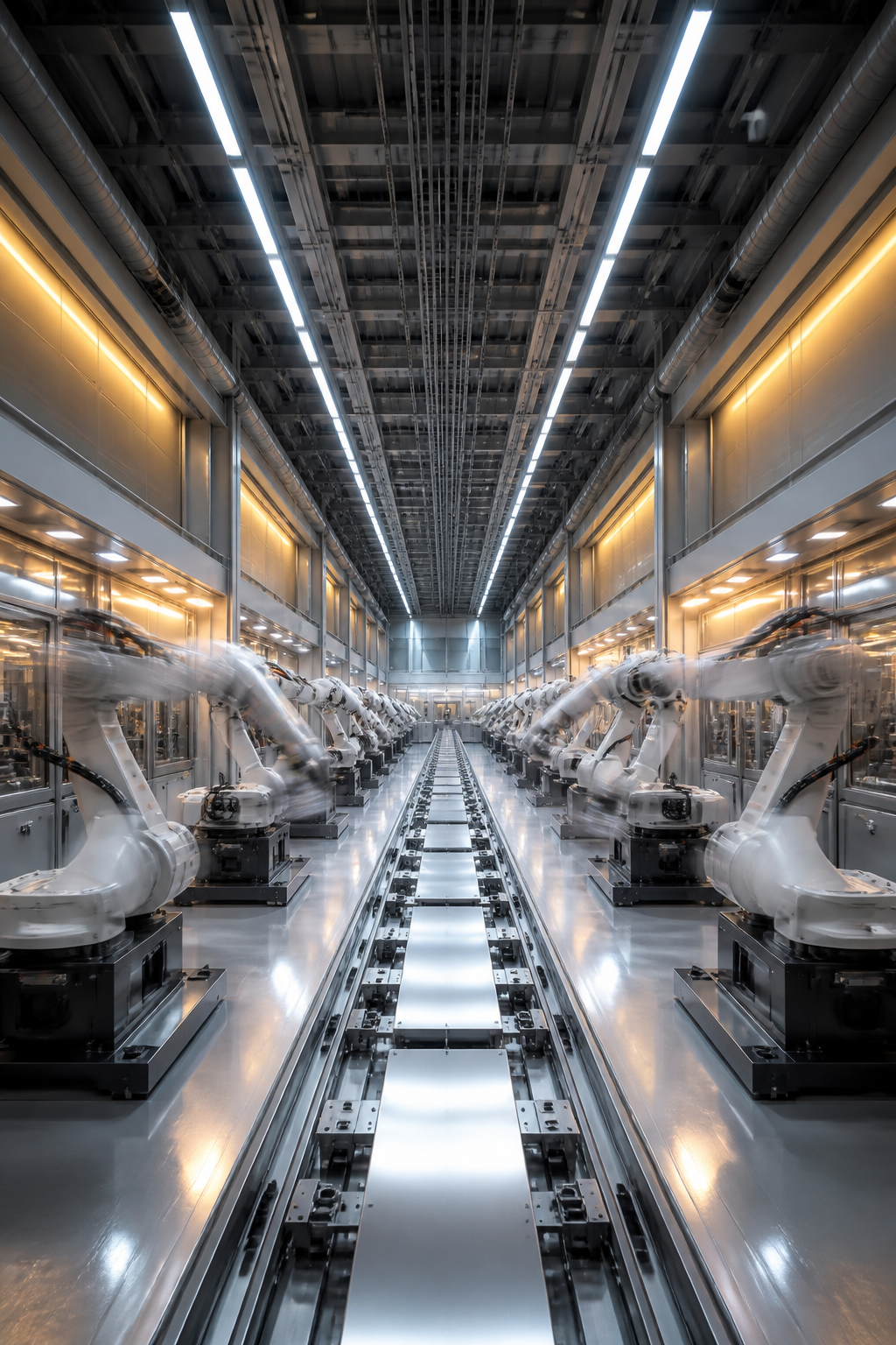 Factory Line Wide — Industrial AI image prompt example generated with Nano Banana (factory, scale)