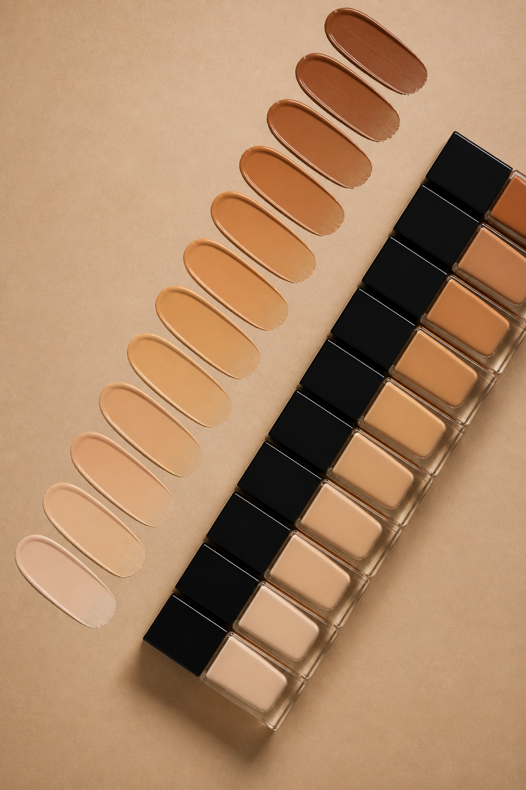Foundation Shade Swatch Wall — Cosmetics AI image prompt example generated with ChatGPT (swatch, inclusive)