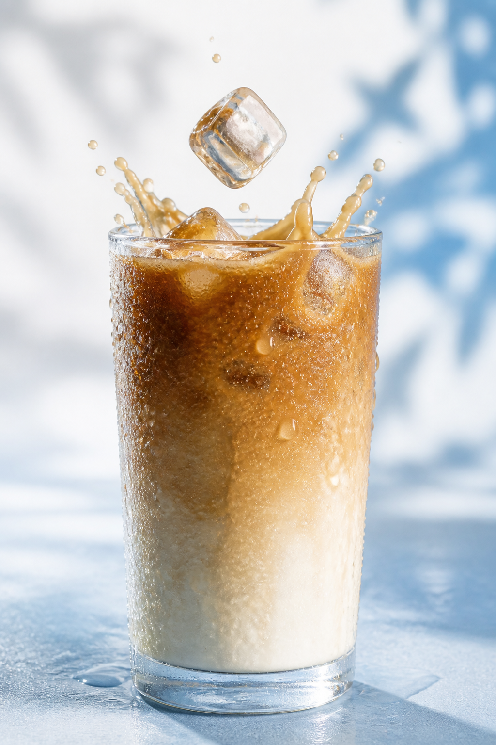 Iced Latte Condensation — Beverage AI image prompt example generated with Midjourney (cold brew, glass)