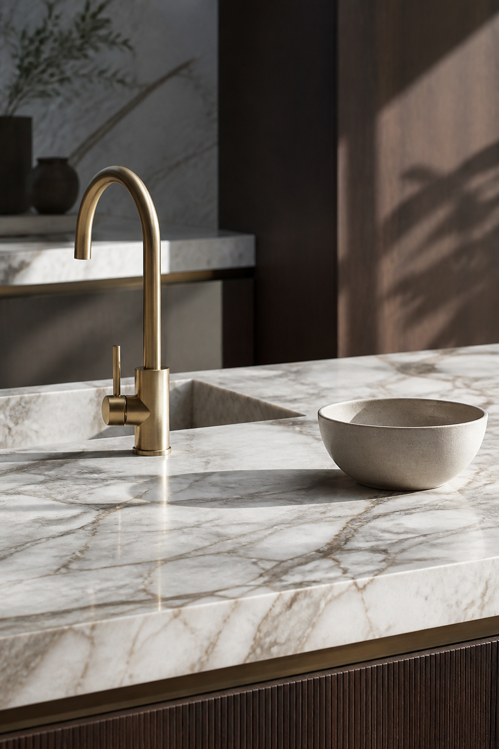 Kitchen Marble Detail — Interiors AI image prompt example generated with Midjourney (kitchen, marble)