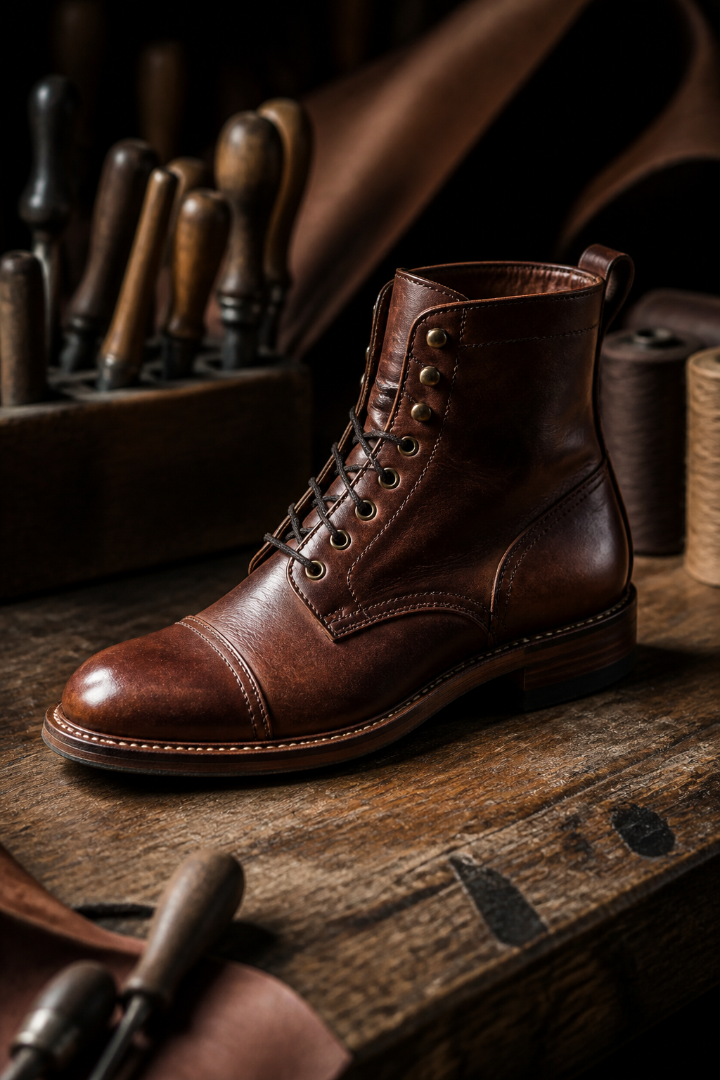 Leather Boot Craft — Footwear AI image prompt example generated with Midjourney (leather, heritage)