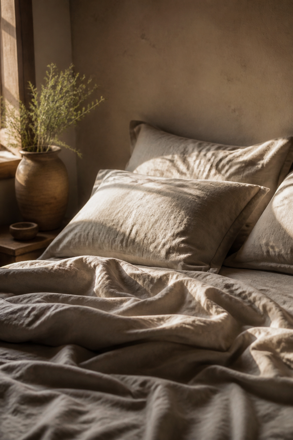 Linen Bedding Morning — Home AI image prompt example generated with ChatGPT (bedding, soft)