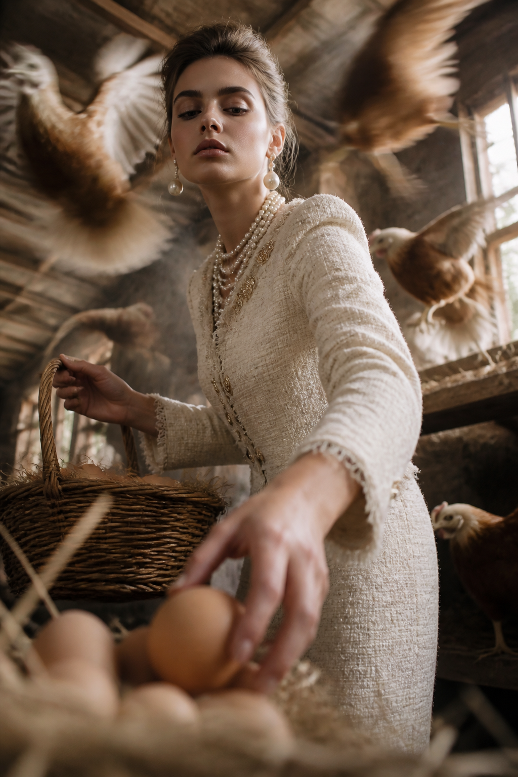 High Fashion Henhouse — Fashion AI image prompt example generated with Gemini (fashion, henhouse)