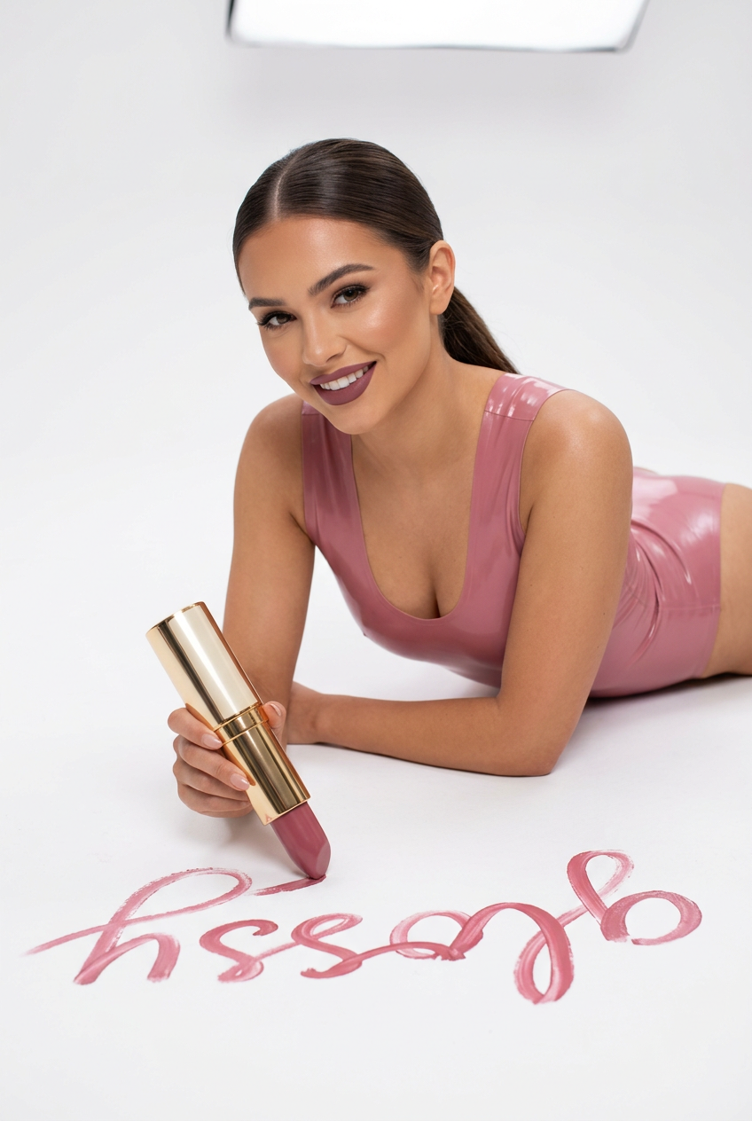 Pink Latex Glossy Shoot — Beauty AI image prompt example generated with Nano Banana (latex, lipstick)