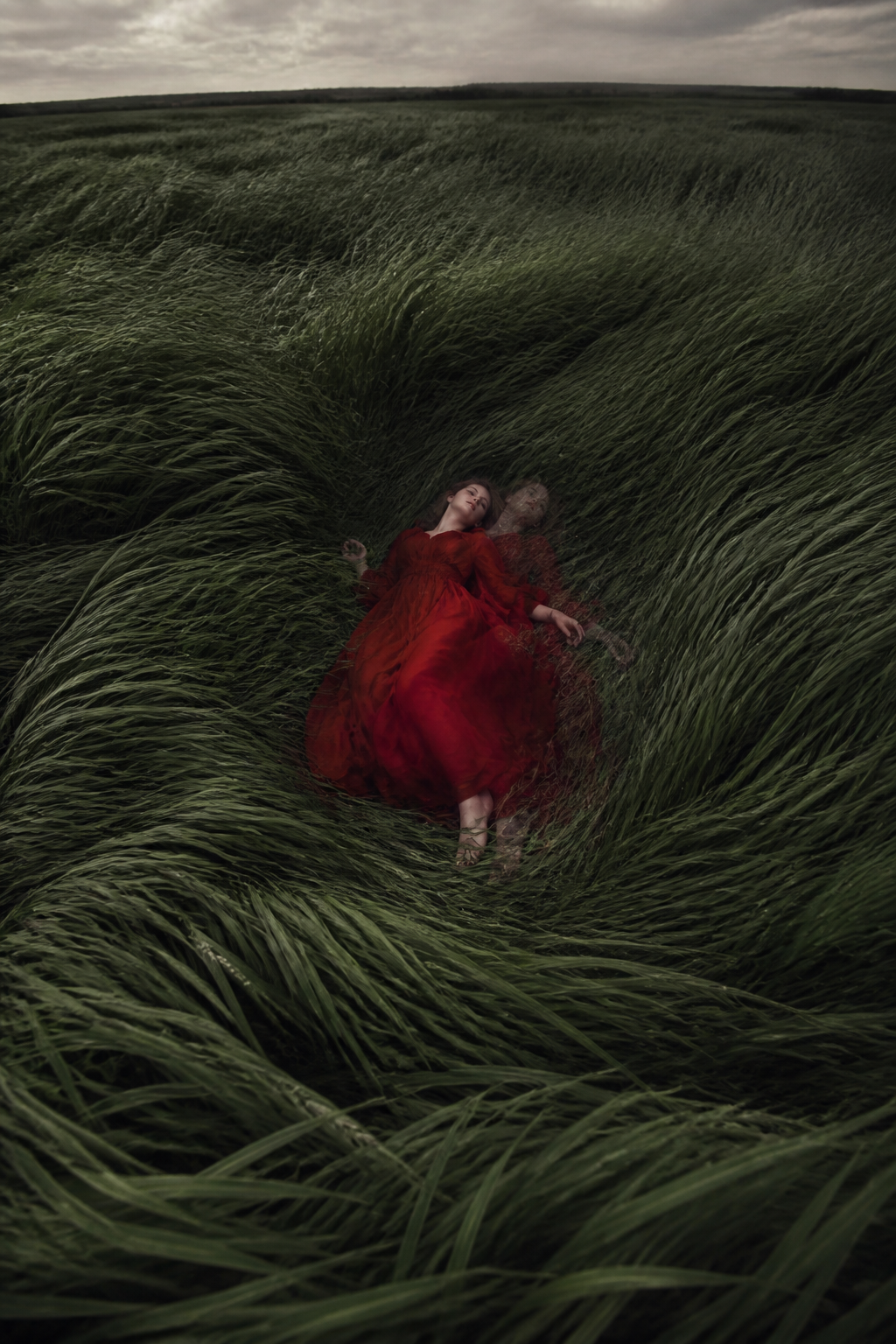 Red Dress Field — Cinematic AI image prompt example generated with Gemini (cinematic, red dress)