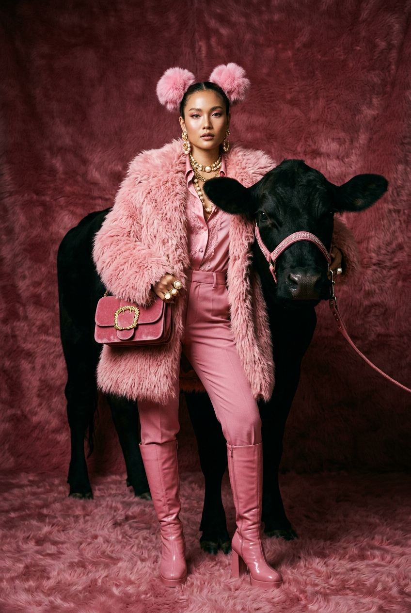 Surreal Pink Glamour — Fashion AI image prompt example generated with Midjourney (pink, fashion)