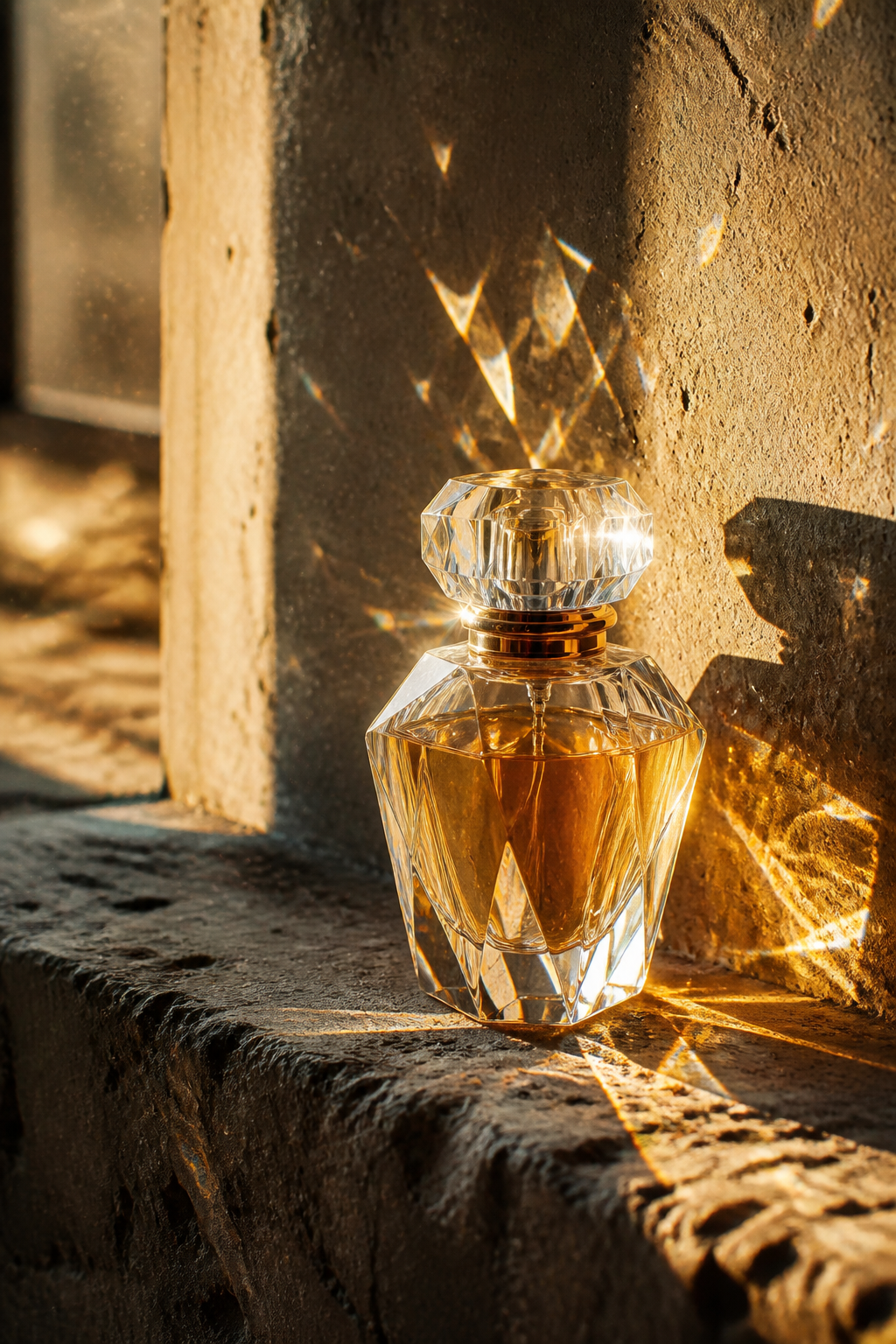 Perfume Bottle Golden Hour — Fragrance AI image prompt example generated with Midjourney (perfume, glass)