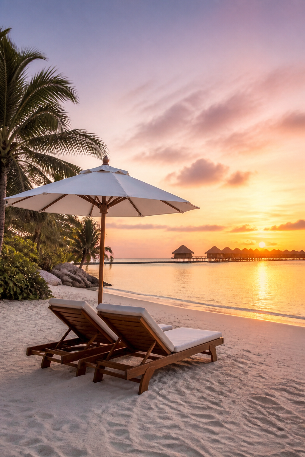 Resort Beach Morning — Travel AI image prompt example generated with Midjourney (resort, tropical)