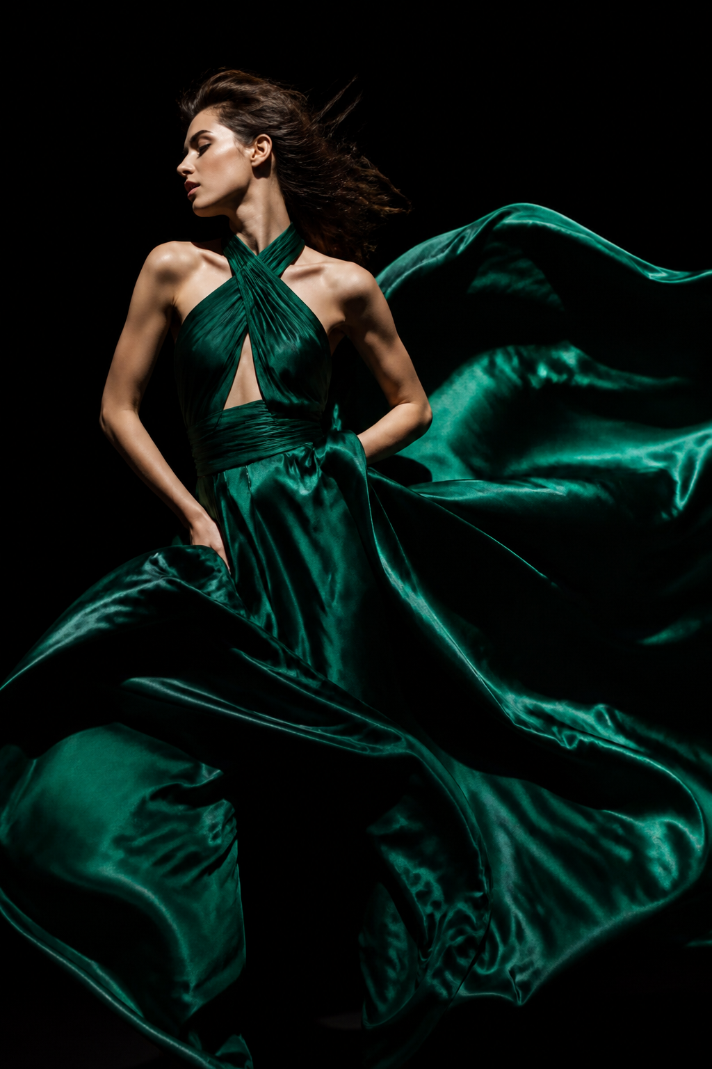 Silk Dress Wind Study — Fashion AI image prompt example generated with Midjourney (motion, silk)
