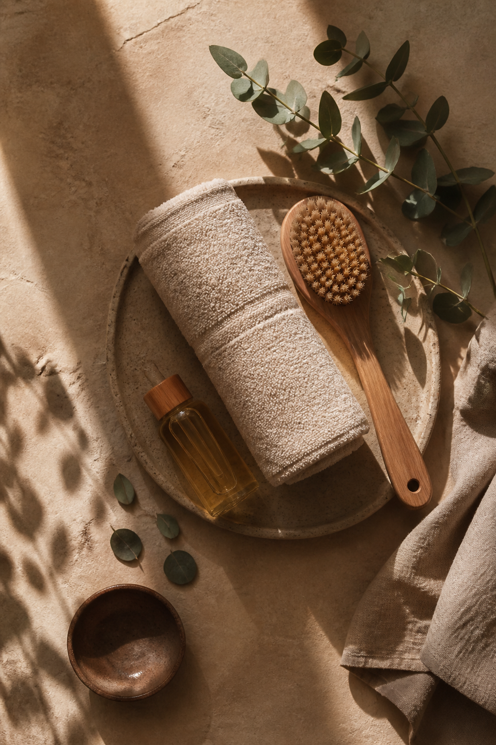 Spa Ritual Flat Lay — Wellness AI image prompt example generated with Midjourney (spa, flatlay)