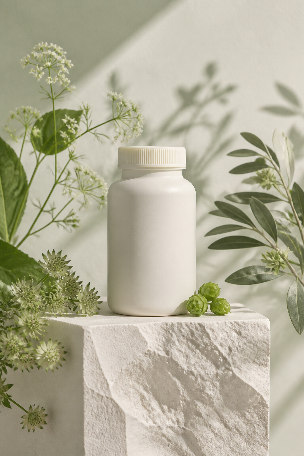 Supplement Bottle Botanical — Wellness AI image prompt example generated with Midjourney (supplement, natural)