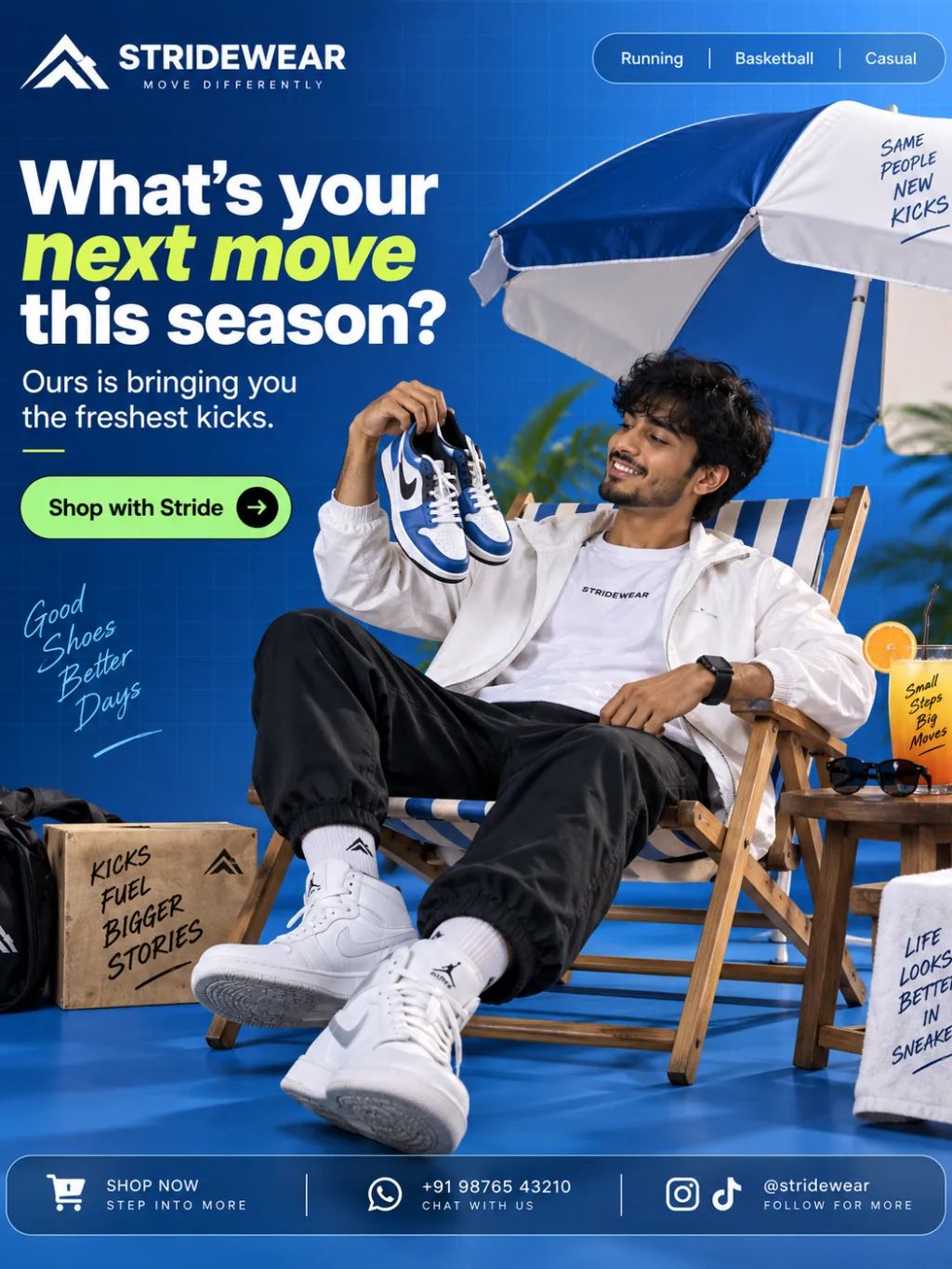 StrideWear Footwear Ad Banner — Graphic Design AI image prompt example generated with ChatGPT (sneakers, footwear)