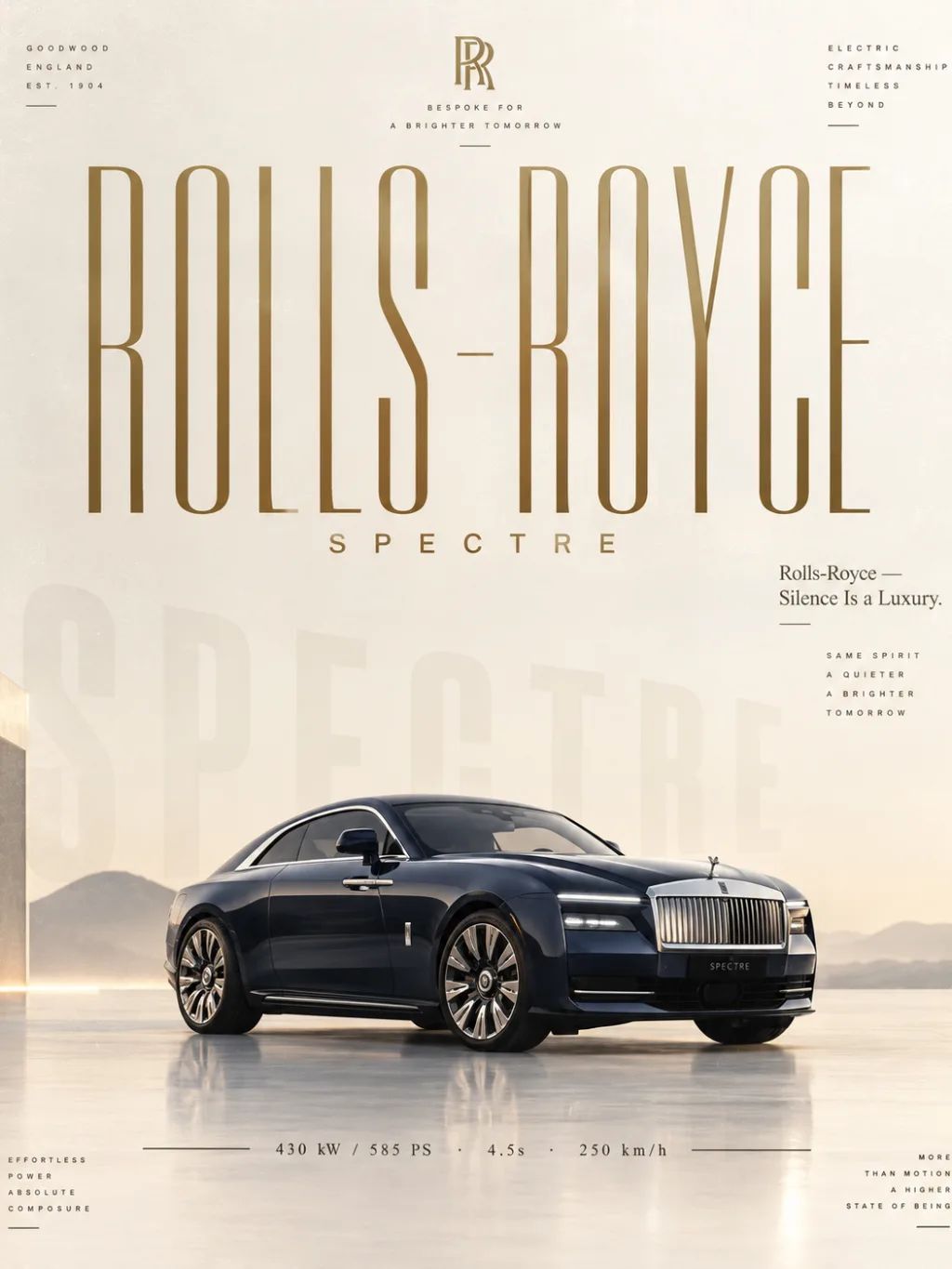 Rolls-Royce Spectre — Minimalist Negative Space — Automotive products AI image prompt example generated with ChatGPT (automotive, poster)