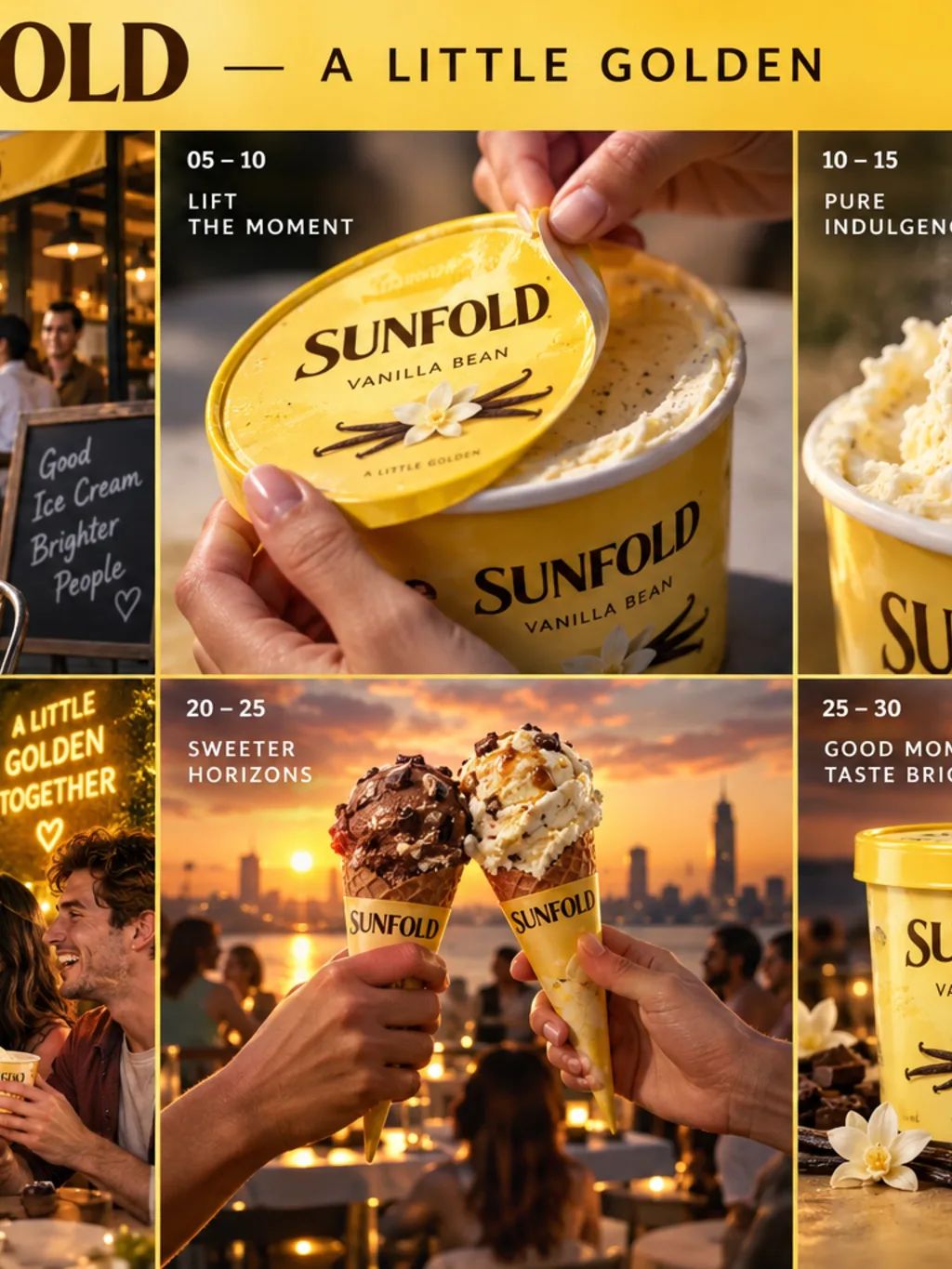 SUNFOLD Commercial Storyboard — Graphic Design AI image prompt example generated with ChatGPT (storyboard, commercial)
