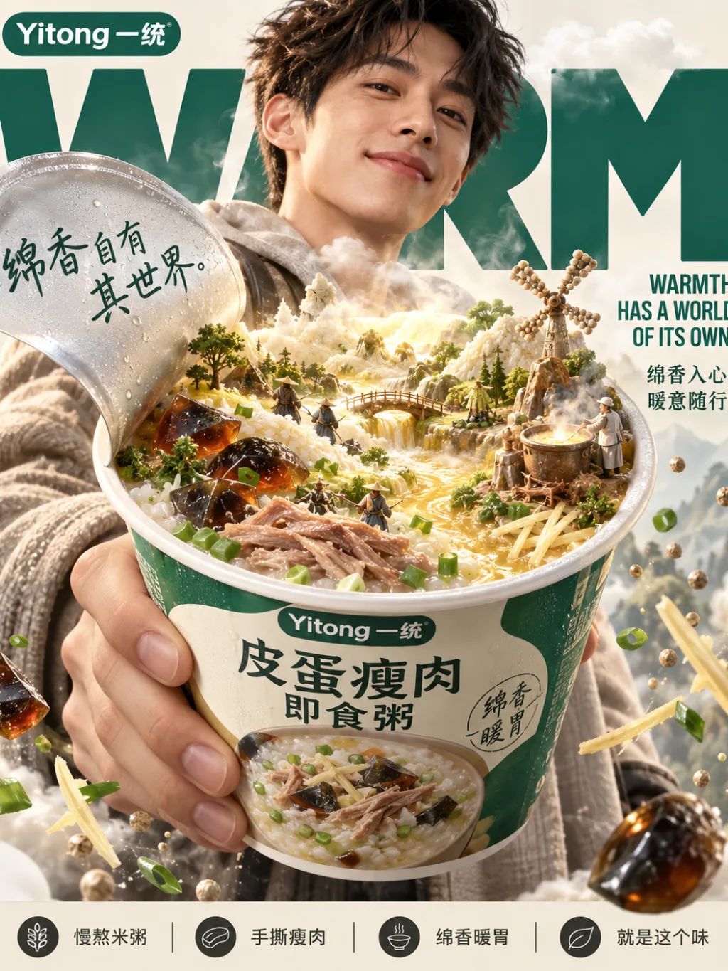 Yitong Instant Congee Ad — Graphic Design AI image prompt example generated with ChatGPT (commercial ad, poster design)