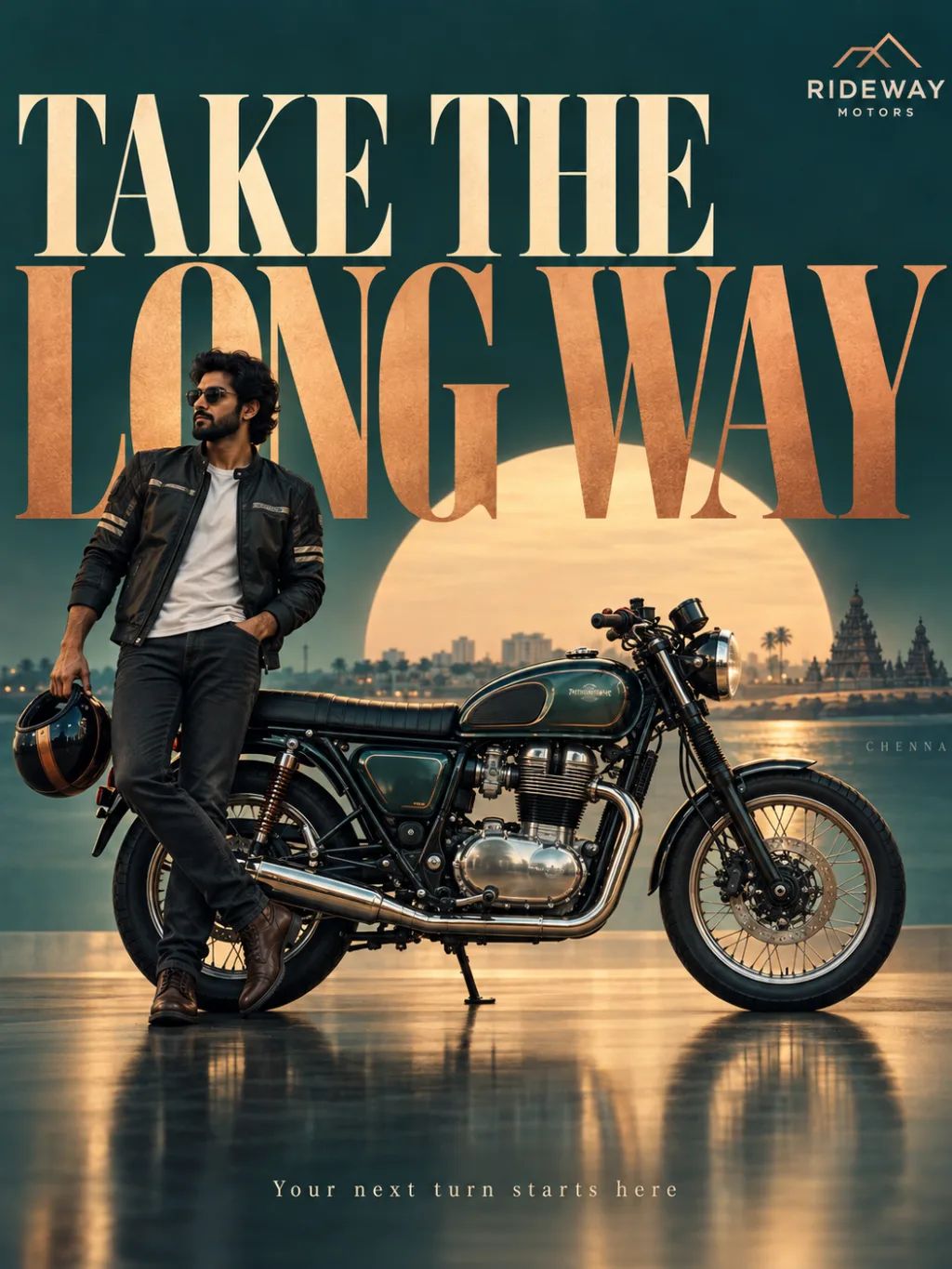 Rideway Motors Surreal Poster — Automotive products AI image prompt example generated with ChatGPT (motorcycle, advertising)